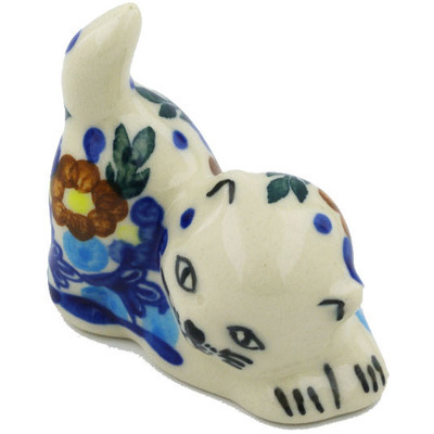 Polish Pottery Cat Figurine 2&quot; Bold Poppies UNIKAT