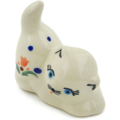 Polish Pottery Cat Figurine 2&quot; Cocentric Tulips