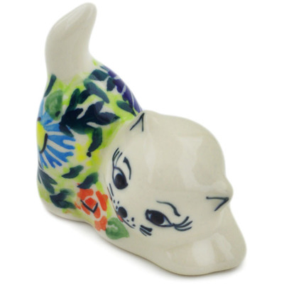 Polish Pottery Cat Figurine 2&quot; Flor-de-lis UNIKAT