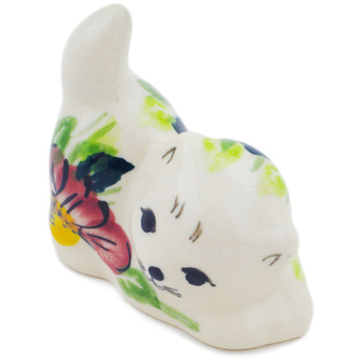 Polish Pottery Cat Figurine 2&quot; Maroon Blossoms
