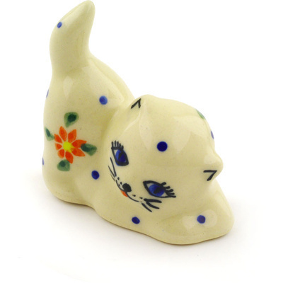 Polish Pottery Cat Figurine 2&quot; Poinsettas