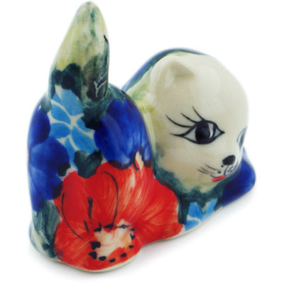 Polish Pottery Cat Figurine 2&quot; Pond Flowers UNIKAT