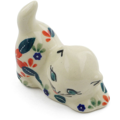 Polish Pottery Cat Figurine 2&quot; Red Anemone Meadow UNIKAT