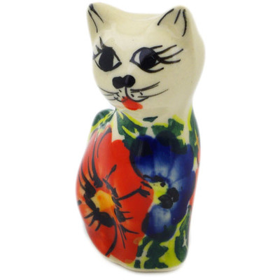 Polish Pottery Cat Figurine 2&quot; Red Star UNIKAT