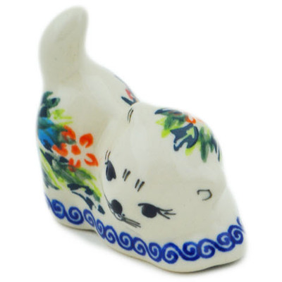 Polish Pottery Cat Figurine 2&quot; Ring Of Flowers UNIKAT