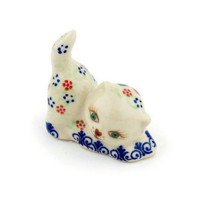 Polish Pottery Cat Figurine 2&quot; Snow Coral Zinnias UNIKAT