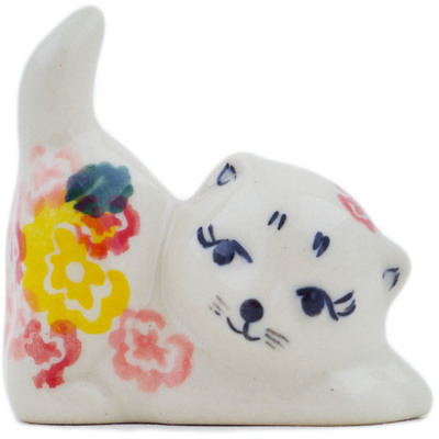 Polish Pottery Cat Figurine 2&quot; Starburst Blooms