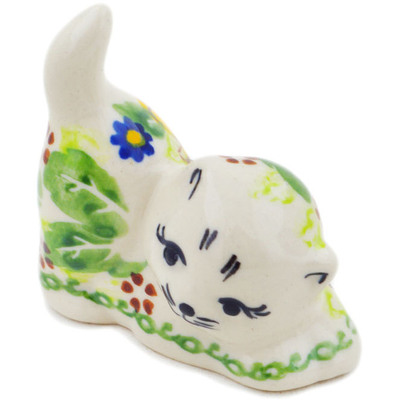 Polish Pottery Cat Figurine 2&quot; Yellow Petal Bliss UNIKAT