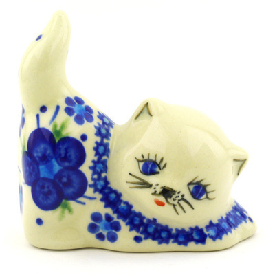 Polish Pottery Cat Figurine 3&quot; Bleu-belle Fleur