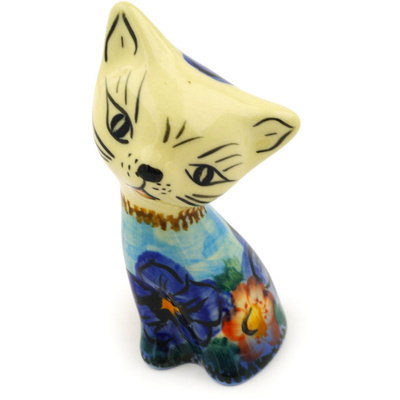 Polish Pottery Cat Figurine 3&quot; Blooming Beauties UNIKAT