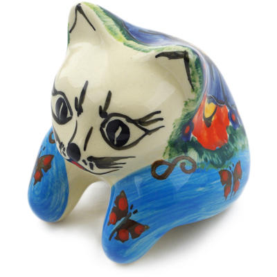 Polish Pottery Cat Figurine 3&quot; Blue Garden UNIKAT