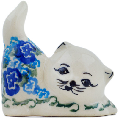 Polish Pottery Cat Figurine 3&quot; Blue Kiss Blooms