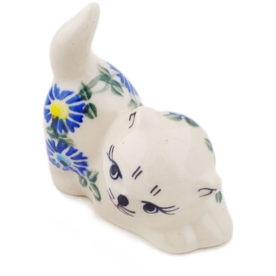Polish Pottery Cat Figurine 3&quot; Blue Thistle Beauty