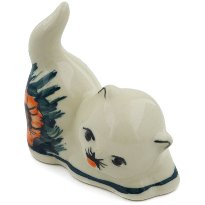 Polish Pottery Cat Figurine 3&quot; Butterfly Splendor