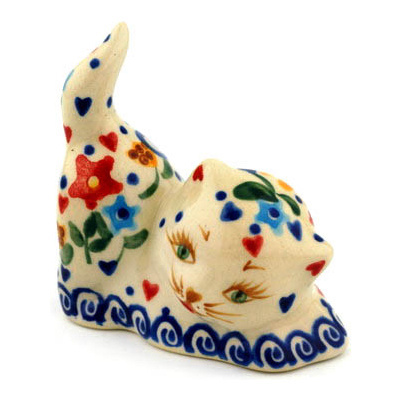 Polish Pottery Cat Figurine 3&quot; Butterfly Sunshine UNIKAT