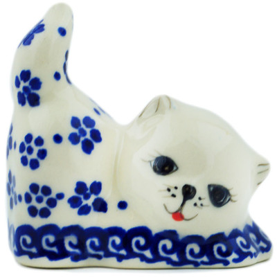 Polish Pottery Cat Figurine 3&quot; Cobalt Wonder UNIKAT