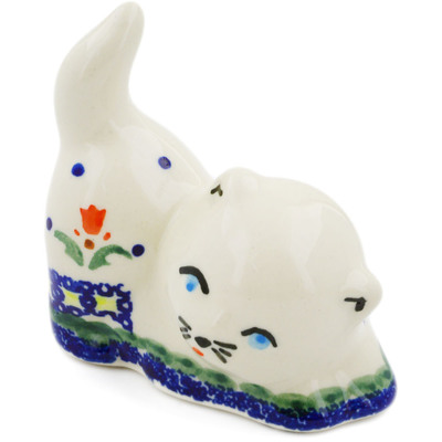 Polish Pottery Cat Figurine 3&quot; Cocentric Tulips