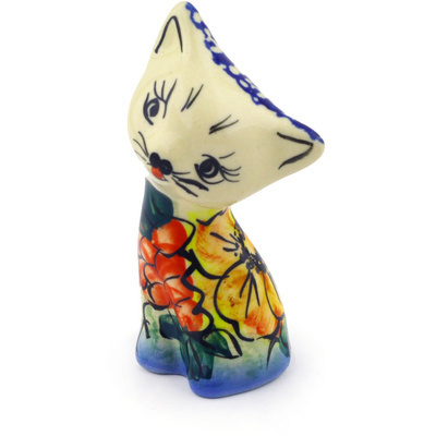 Polish Pottery Cat Figurine 3&quot; Colorful Bouquet UNIKAT