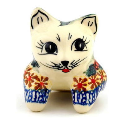 Polish Pottery Cat Figurine 3&quot; Colorful Bouquet UNIKAT