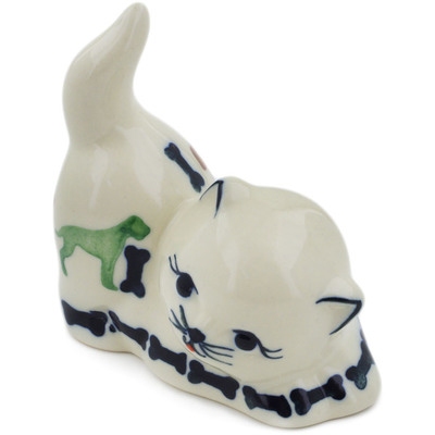 Polish Pottery Cat Figurine 3&quot; Dogs And Bones