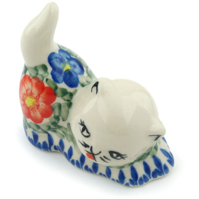 Polish Pottery Cat Figurine 3&quot; Floral Burst