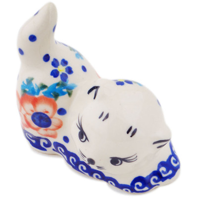 Polish Pottery Cat Figurine 3&quot; Flower Star