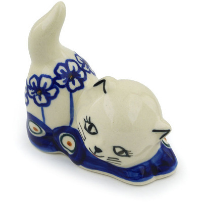 Polish Pottery Cat Figurine 3&quot; Flowering Peacock