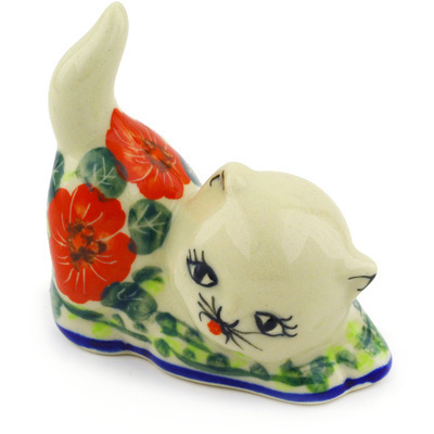 Polish Pottery Cat Figurine 3&quot; Happiness UNIKAT