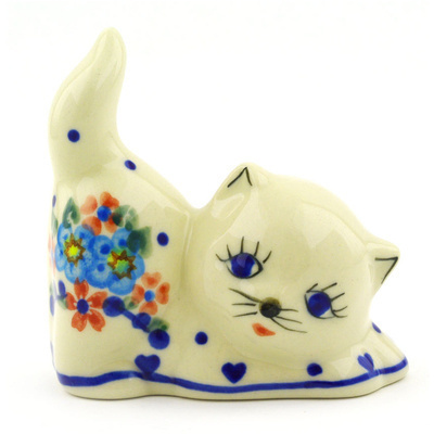 Polish Pottery Cat Figurine 3&quot; Hearts And Flowers