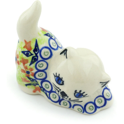 Polish Pottery Cat Figurine 3&quot; Heavenly Swirls