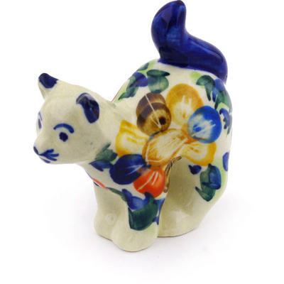 Polish Pottery Cat Figurine 3&quot; Lace Collar UNIKAT