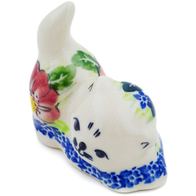 Polish Pottery Cat Figurine 3&quot; Maroon Blossoms