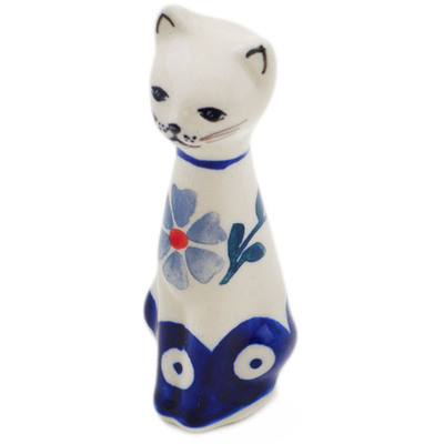 Polish Pottery Cat Figurine 3&quot; Peacock Forget-me-not