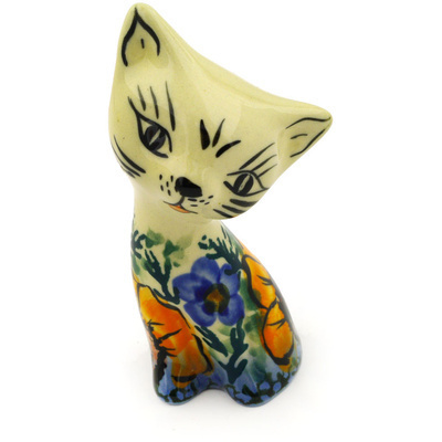 Polish Pottery Cat Figurine 3&quot; Peeking Yellows UNIKAT