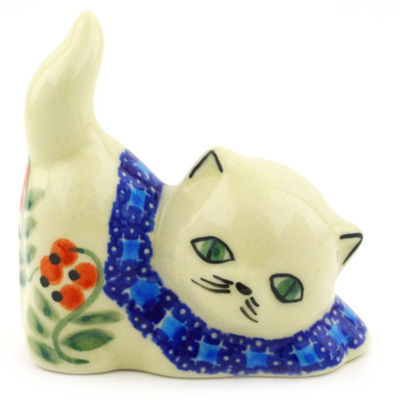 Polish Pottery Cat Figurine 3&quot; Red Berries