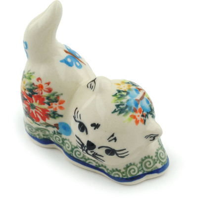 Polish Pottery Cat Figurine 3&quot; Ring Of Flowers UNIKAT