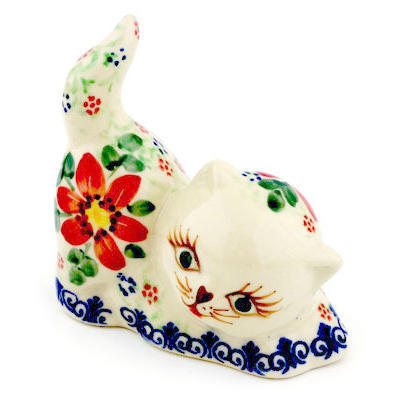 Polish Pottery Cat Figurine 3&quot; Snow Coral Zinnias UNIKAT