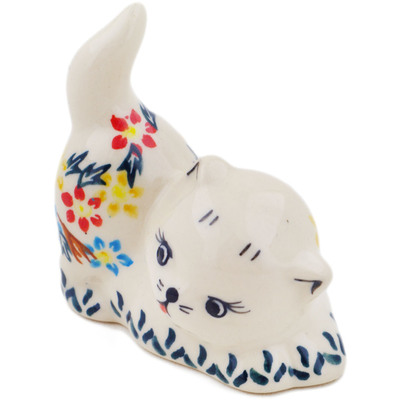 Polish Pottery Cat Figurine 3&quot; Spring Flower Ring