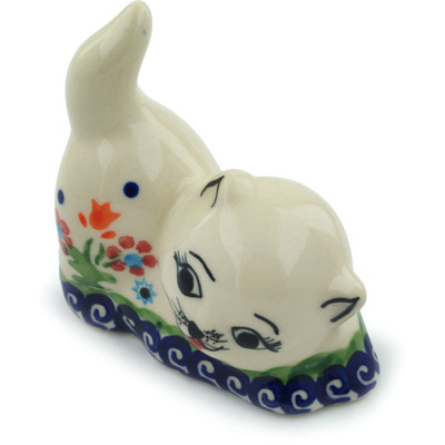 Polish Pottery Cat Figurine 3&quot; Spring Flowers