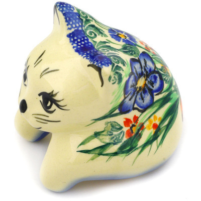 Polish Pottery Cat Figurine 3&quot; Spring Garden UNIKAT