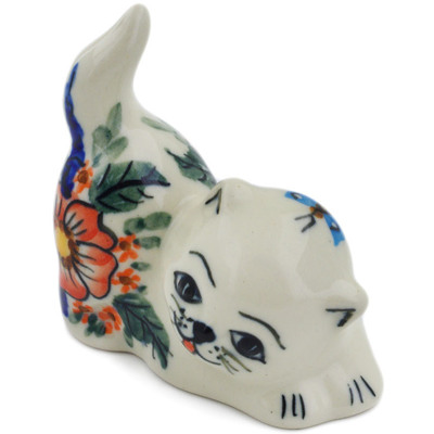 Polish Pottery Cat Figurine 3&quot; Spring Splendor