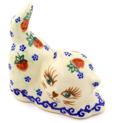 Polish Pottery Cat Figurine 3&quot; Strawberries And Cream UNIKAT