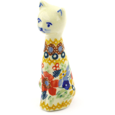 Polish Pottery Cat Figurine 3&quot; Summer Bouquet UNIKAT