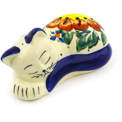 Polish Pottery Cat Figurine 3&quot; Sunshine Bees UNIKAT