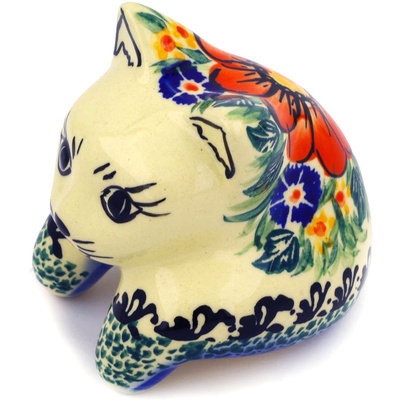 Polish Pottery Cat Figurine 3&quot; Wild Bouquet UNIKAT