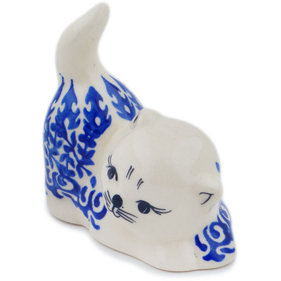 Polish Pottery Cat Figurine 3&quot; Winter Blue