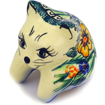 Polish Pottery Cat Figurine 3&quot; Yellow Flower UNIKAT