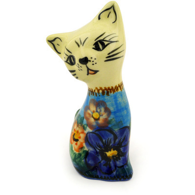 Polish Pottery Cat Figurine 4&quot; Blooming Beauties UNIKAT