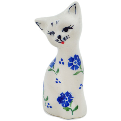 Polish Pottery Cat Figurine 4&quot; Blue Bursts