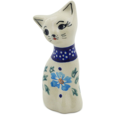 Polish Pottery Cat Figurine 4&quot; Blue Cornflower